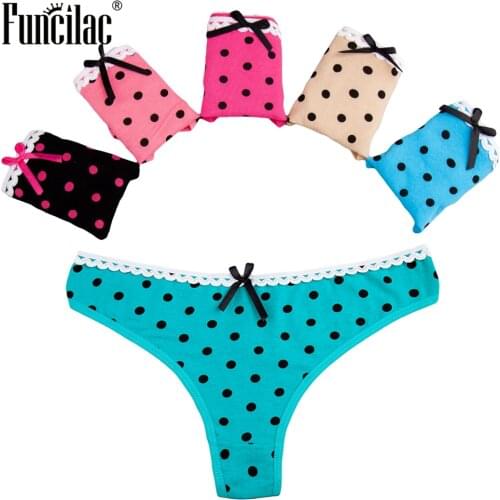 FUNCILAC Women Sexy G-String Dot Thong Ladies Briefs Lingerie Knickers Fashion Panties Low Rise Underpants Underwear 5 Pcs/lot