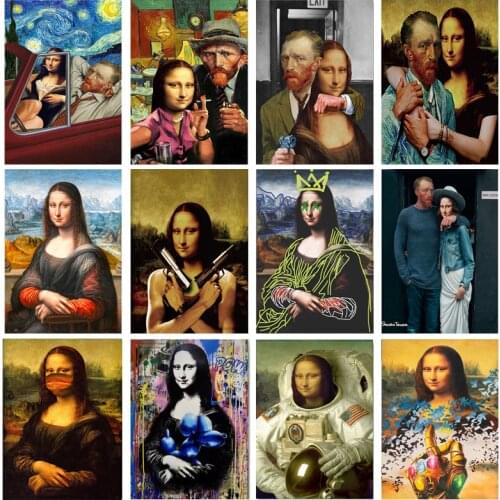 Funny characters Van Gogh and Mona Lisa canvas paintings, abstract art posters and prints decorate home living room decoration