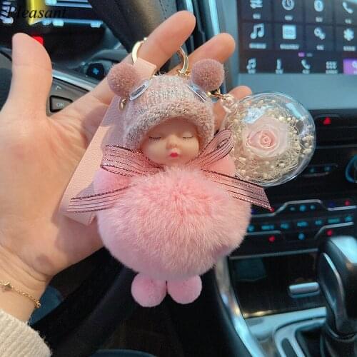 Kawaii Doll Plush Key Chain Keychains Eternal Flower Ball Ribbon Leather Rope Key Chain Women Bag Car Pendant Key Chain