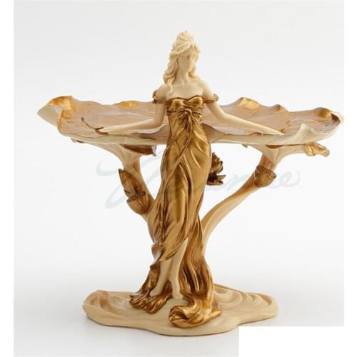 CHINA CREATIVE WOMAN LOTUS LEAF STATUE JEWELRY DISH ART SCULPTURE RESIN CRAFTS DECORATIONS FOR HOME BIRTHDAY GIFT R3206