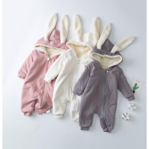 Winter Thick Newborn Baby Rompers Velvet Boys Girls Clothes Rabbit Ear Cotton Long Sleeve Hooded Infant Outfits 3-18Months