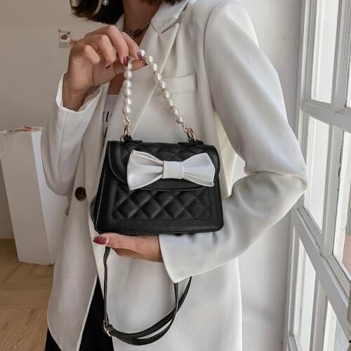 Fashion Pearl Chain Crossbody Bags for Women Elegant Ladies Bowknot Handbag Clutch Purse Solid Color Leather Female Shoulder Bag
