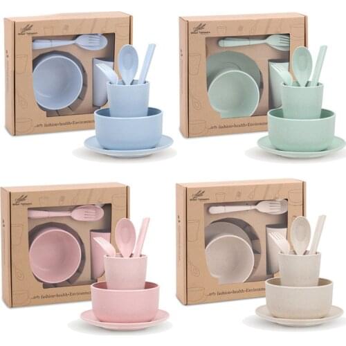 6pcs/set Baby Children Tableware Set Tableware Wheat Straw Household Dishware Set Simple Dishes Salad Soup Bowl Steak Plate