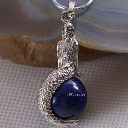 Natural Stone Mermaid Pendant Round Bead Blue Lapis Necklace Pendant E848