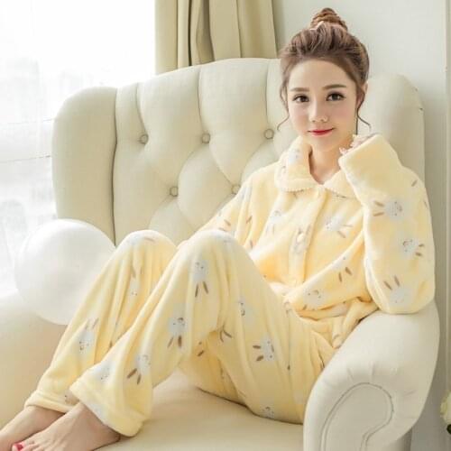New Winter Warm Flannel Sleepwear Cartoon Long Sleeve Nightie Yellow Pajamas Pyjamas 2-piece Set Home Tops Plus Size Lingere