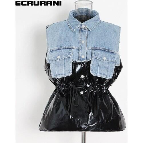 ECRURANI Casual Patchwork Coats For Women Lapel Sleeveless Drawstring Pocket Hit Color Vests Females Fashion Clothing 2021 Style