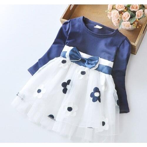 Girls Casual Dresses Autumn Girl Korean Flower Bow Long-sleeve Dress Girls Dress for Girls Girls Dress Blue Pink Kids Dress