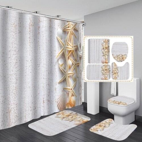 Simple Coastal Starfish Shell Conch Waterproof Shower Curtain Bathroom Set With Non Slip Toilet Cover Bath Mat Home Decor