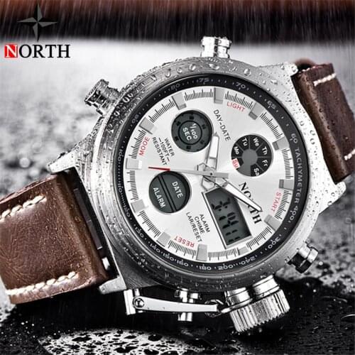NORTH Luxury Brand Men Leather Waterproof Business Watch Fashion Sport Quartz Watches Men Dual Display Watch Relogio Masculino