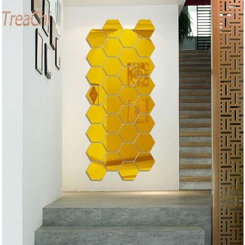Hexagonal Mirror Sticker Acrylic Wall Stickers Background Wall Living Room Entrance Aisle Stairs Decoration Sticker 12Pcs/lot