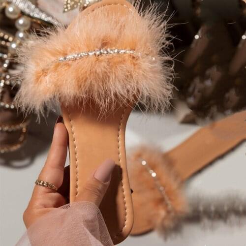 Clear Upper Long Soft Fluffy Fur Luxury Diamonds Slippers for Girls Women Jelly Shoes Fancy Summer Slides Sandals Big Size 43