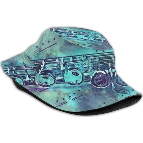 Blue Flute Watercolor Pattern Hats Outdoor Hat Sun Cap Flute Music Blue Watertercolor Vintage Retro Music Sheet Musician