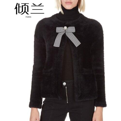 Patads French womens clothing autumn and winter celebrity wind bow decoration fur coat Madame