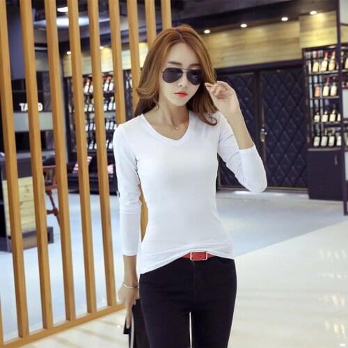 Korean version of womens solid color slim long-sleeved T-shirt all-match womens top bottoming shirt round neck V-neck
