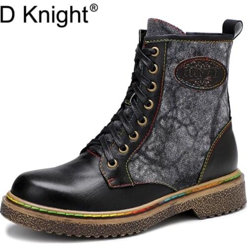 Punk Women Ankle Boots Short Autumn Winter Shoes Genuine Leather Zipper Lace Up Low Heels Ladies Shoes New Fashion Western Boots