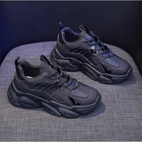 2021 Spring Women Casual Sport Dad Shoes Cool Black Street Leather Platform Sneakers Girl Fashion Thick-soled Trainers 2 Colors