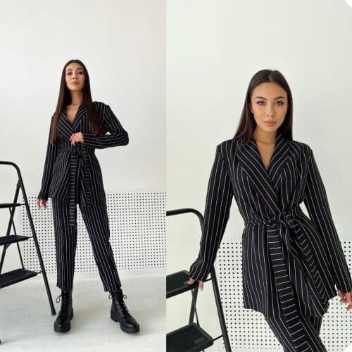 Handsome Stripe Women Suits Custom Made New Designed Blazer With Belt Office Lady Chic Daily Casual Jacket