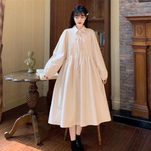 Turn Down Collar Lace-up Loose Slim College Style Solid Sweet Belt A-LINE Mid-Calf White Dress Women X593