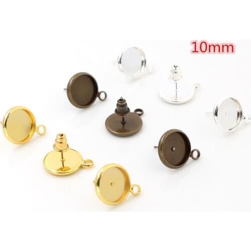 10mm 10pcs/Lot Two Style 3 Colors Plated Earring Studs,Earrings Blank/Base,Fit 10mm Glass Cabochons,Buttons;Earring Bezels