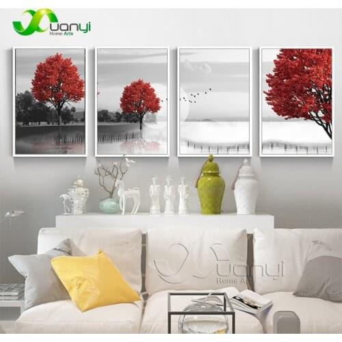 4 Panel Modern Canvas Landscape Tree Oil Paintings Modular Pictures Wall Art Canvas For Living Room Home Decoration No Framed