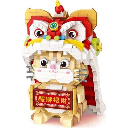 950pcs+ Cute Lion Dance Fortune Cat Mini Building Blocks Chinese Culture 11cm 3D Model Loz Diamond Micro Bricks Toy for Children