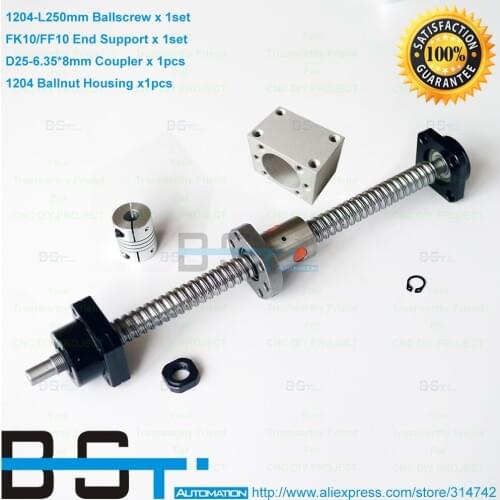 BSTMOTION 1204 Ball screw 1204 -L250mm with Ballnut + Nut Bracket + FK10 FF10 Ballscrew Support + 6.35*8 coupling