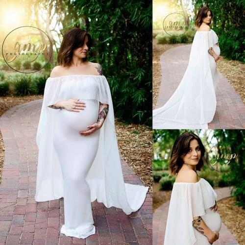 D&J New White Chiffon Set Long Cloak Dress Ruffles Maternity Photography Prop Cloak Maxi Dress White Cloak For Maternity Shoot