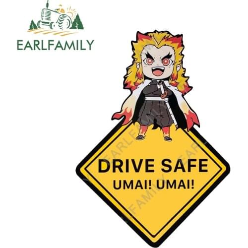EARLFAMILY 13cm x 9.2cm Caution DRIVE SAFE Car Sticker Cartoon Anime Rengoku Kyoujurou Safety Sign JDM Trunk Decal Car Styling