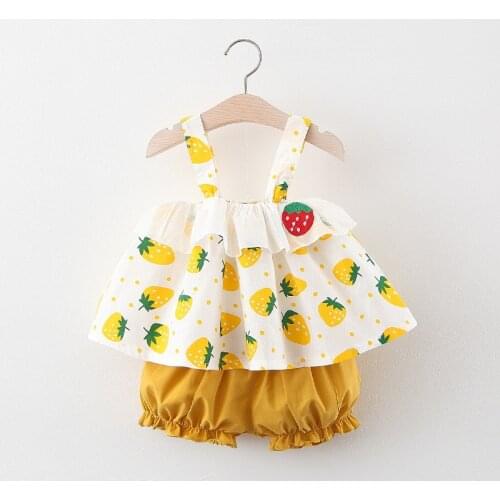 New Fashion Clothes Baby Girl Outfit 2 Pcs Sets Strawberry Embroidery Print Strap Dress+shorts Pants Cute Princess Dress 0-24M