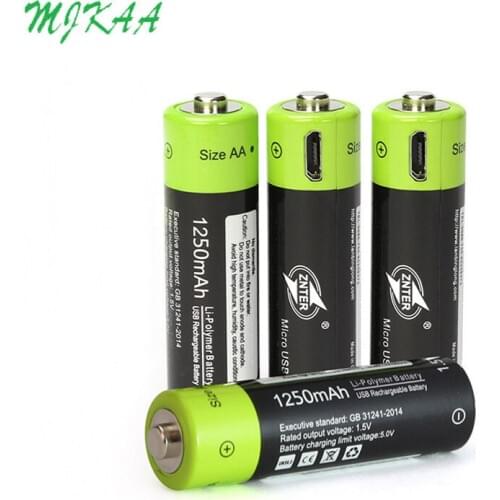 ZNTER 4Pcs AA Rechargeable Battery 1.5V 2A 1250mAh USB Charging Lithium Battery Bateria with Micro USB Charging Cable