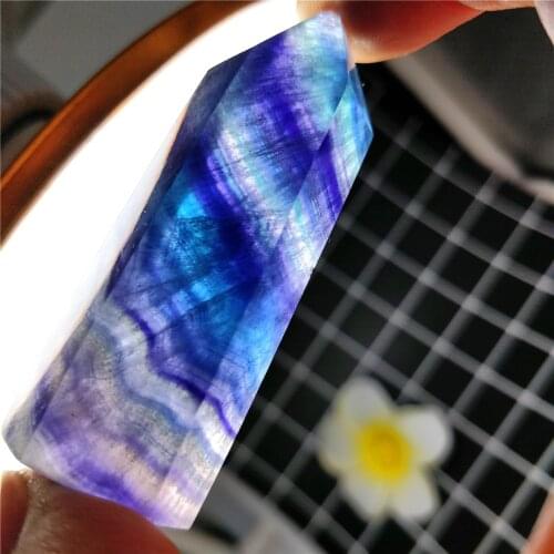 Natural Small Rainbow Layered Fluorite Wand Blue And Purple Striped Prism Decoration Tower