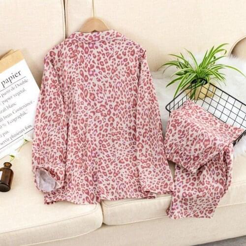 Autumn and Winter New Ladies Knitted Cotton Pajamas Long Sleeve Sexy Pink Leopard Print Home Service Sleepwear Two Piece Set