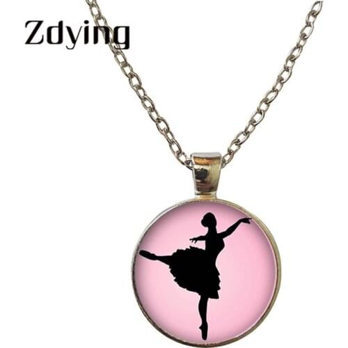 Zdying Silhouette of Ballet Dancer Pendant Necklace Glass Dancer Pattern Dome Charms Girls Necklaces Party Club Jewelry A033