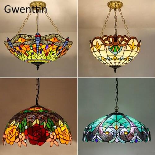 Mediterranean Tiffany Stained Glass Pendant Lights Vintage Hanging Lamp for Dining Room Kitchen Light Fixtures Home Art Decor
