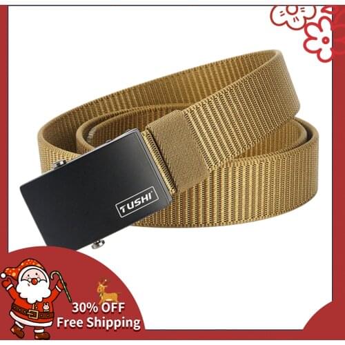 TUSHI 2021 Fashion New Male Belt 120cm*3.4cm Nylon Weave Sports Waistband Metal Slide Bar Buckle Men Ceinture Cinto Masculinos