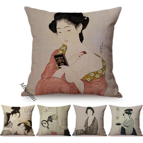 Japan Woman Girl Vintage Japanese Geisha Art Oil Painting Style Sofa Pillow Case Beauty Goddess Decorative Linen Cushions Cover