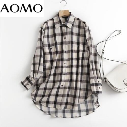 AOMO 2021 Women Oversized Plaid Print Long Shirt Blouse Pocket Long Sleeve Chic Female Lady Shirt Blusas Femininas 6D82A
