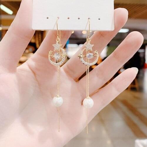 New star moon ear line female Korean temperament net red long pearl Tassel Earrings super fairy face thin Earrings