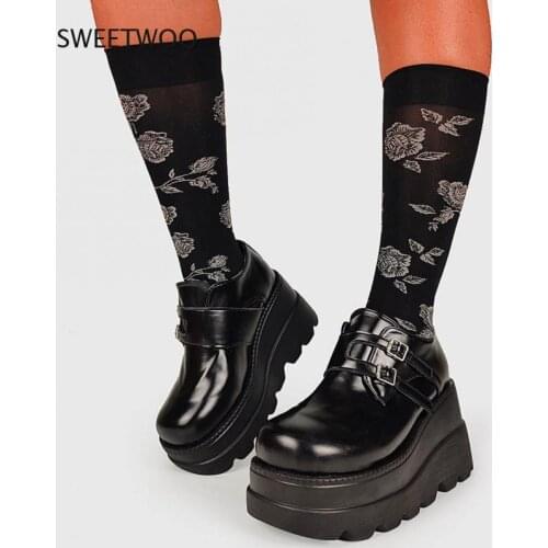 Women Buckle Heel Shoes Brand Gothic High Wedges Chunky Bottom Designer Platform Casual Black