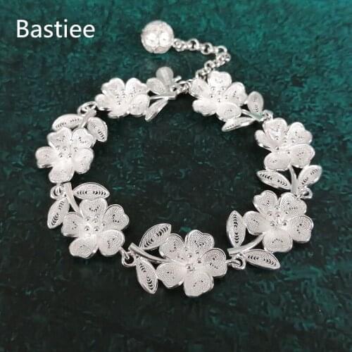 Bastiee 999 Sterling Silver Bracelet Hand Chain Charms Handmade Ethnic Vintage Flowers Luxury Jewelry Bracelets For Women Bangle