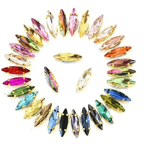 4x15mm 50pcs Colorful Navette Horse Eye Sew On Rhinestone with Golden Claw Setting Sewing Glass Stones For Wedding Dress F0065