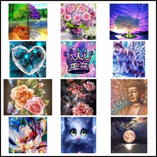 Diamond Painting Still Life Color Butterfly White Cat Rose Flower White Orchid Kind Buddha Statue Beautiful Scenery Wolf Picture
