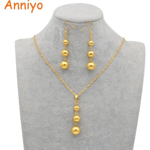 Anniyo Gold Color Bead Jewelry sets 3 Ball Pendant Chain Necklace Earrings for Women Arab/Africa Ethiopian Jewelry #069106
