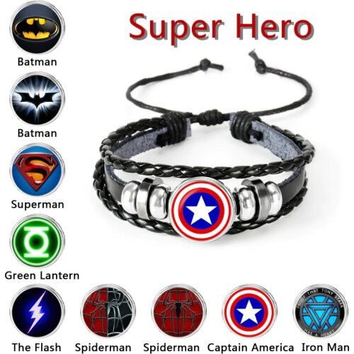 Disney The Avengers Captain America Shield Deadpool Thor Batman Charms Bracelet Kids Boy Punk Multilayer Leather Jewelry