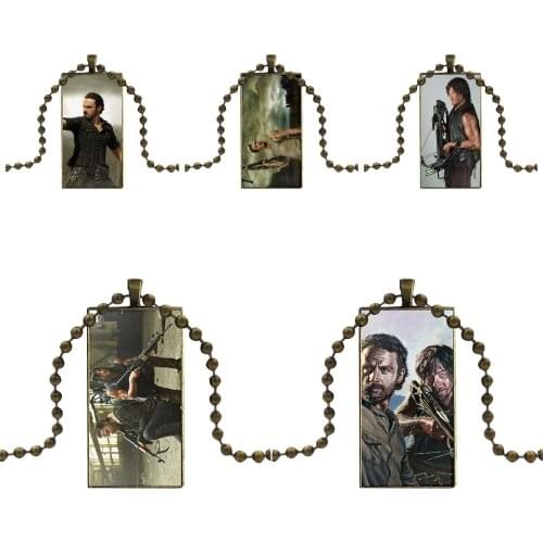 Design Fashion Vintage Glass Women Rectangle Necklace Pendants For Women Gifts Boy Rick Grimes Daryl Dixon The Walking Dead