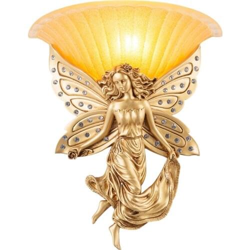 European Living Room Background Wall Lamp Bedside Lamp Stairway Corridor Creative Angel Resin Base Glass Lampshade Bedroom Light
