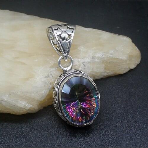 Gemstonefactory Jewelry Big Promotion 925 Silver Solitaire Vintage Rainbow Fire Topaz Women Ladies Gifts Necklace Pendant 1039