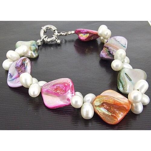 Perfect Womens Jewelry, White Freshwater Pearl Pink Shell Beads Bracelet 8inches Handmade Jewelry