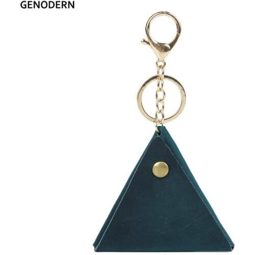 GENODERN Genuine Leather Coin Purse with Key Ring for Women Triangle Hasp Men Coin Holder Handmade Cowhide Leather Small Wallet