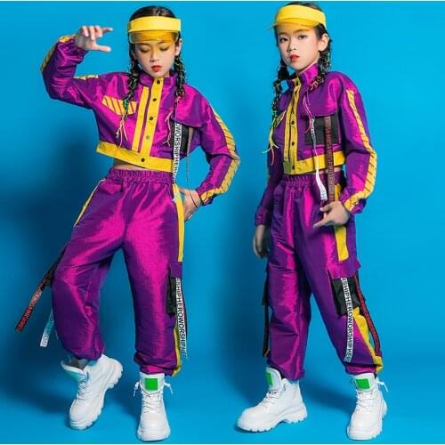 Girls Jazz Dance Costume Street Hip Hop Performance Clothing Tops Pants Purple Suit Long Sleeve Children Stage Costume BL5982